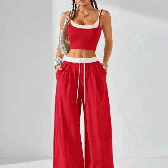 Red and White Casual Women's Sport Knit Tank Tops & Sweatpants - Picture 4 of 10